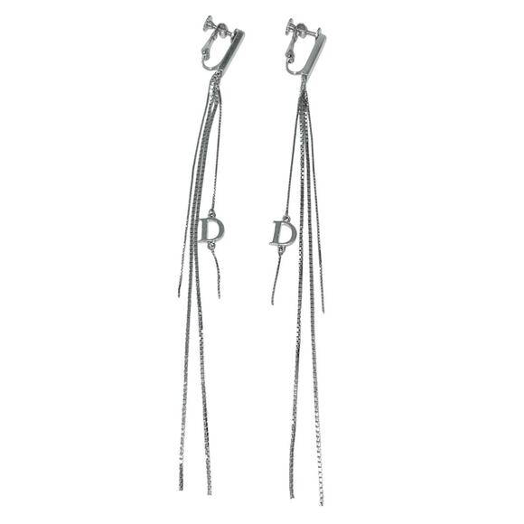 AUTH VTG Christian Dior Silver Long Chain D Charm Logo Fringe Tassel Earrings - Picture 1 of 15